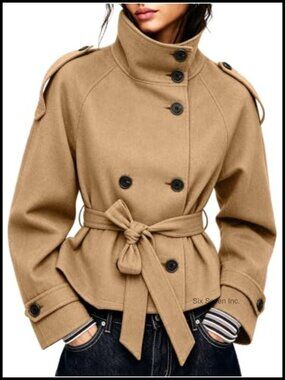 Womens Cropped Wool Blend Pea Coat Double Breasted Belted Fall Winter Jacket